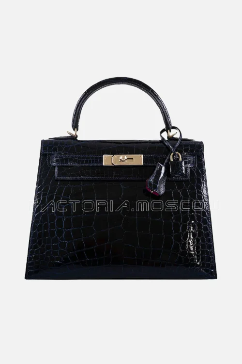 Hermes Kelly Sellier 28 Shiny Blue Marine Nilo Crocodile And Rose Scheherazade PHW