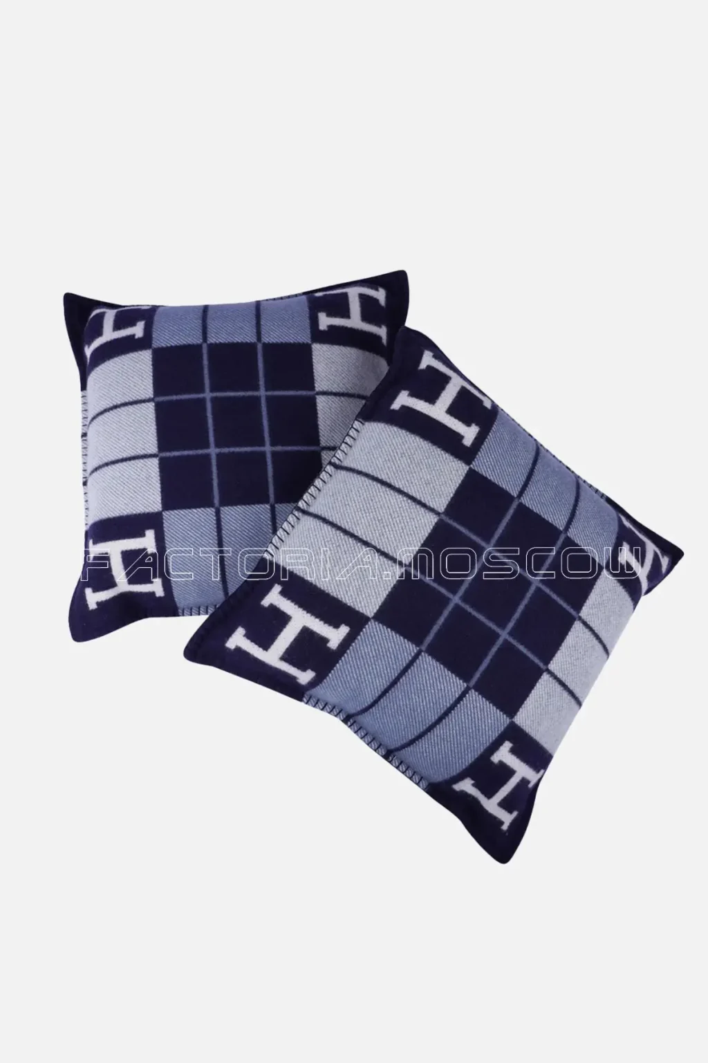 Hermes Cushion Avalon III Blue Caban / Ecru Small Model Throw Pillow Set of Two