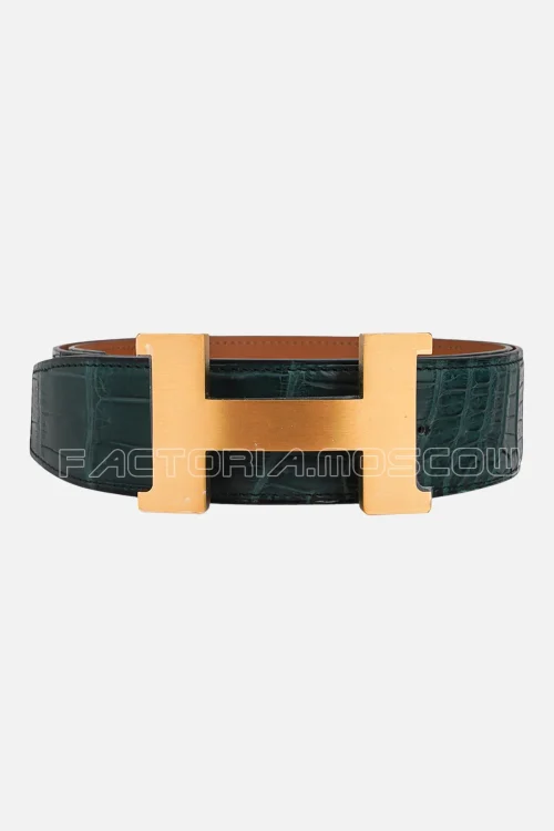 Hermes Constance Belt 42 Porosus Matte Crocodile Vert Titan/Gold