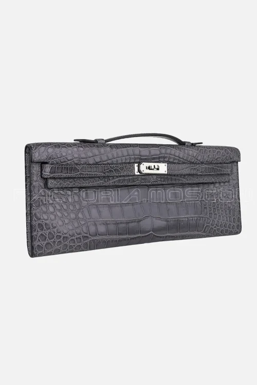 Hermes Kelly Cut Сlutch Alligator matte Gris Paris PHW