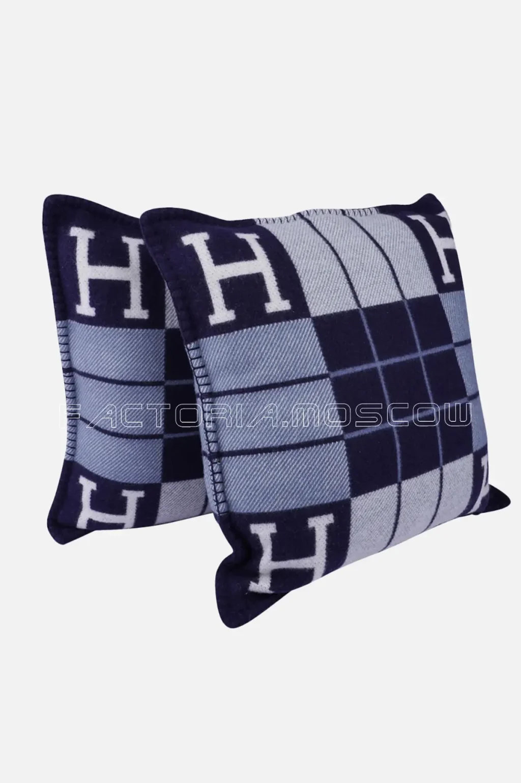 Hermes Cushion Avalon III Blue Caban / Ecru Small Model Throw Pillow Set of Two