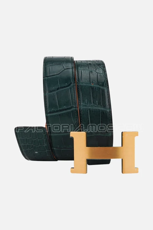 Hermes Constance Belt 42 Porosus Matte Crocodile Vert Titan/Gold