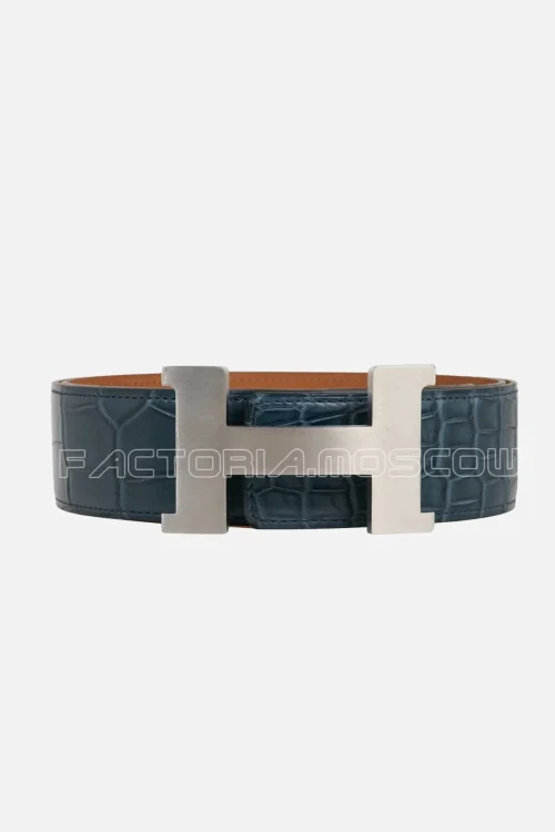 Hermes Belt Constance 42 mm Blue Tempete/Gold Porosus Crocodile Matte