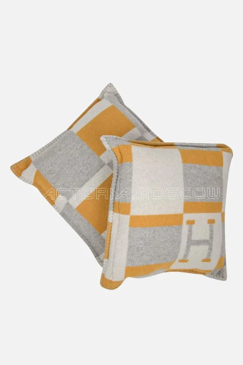 Hermes Cushion Avalon Bayadere PM Throw Pillow Jaune/Gris/Ecru