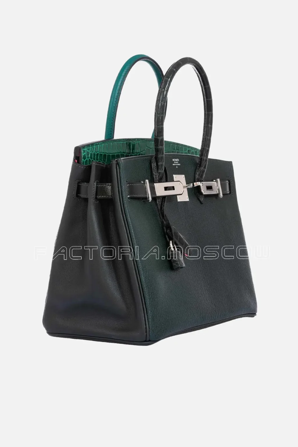 Hermes Birkin 30 Vert Emeraude Porosus Crocodile, Vert Ninien Multi-Leather & Rose Azalee PHW