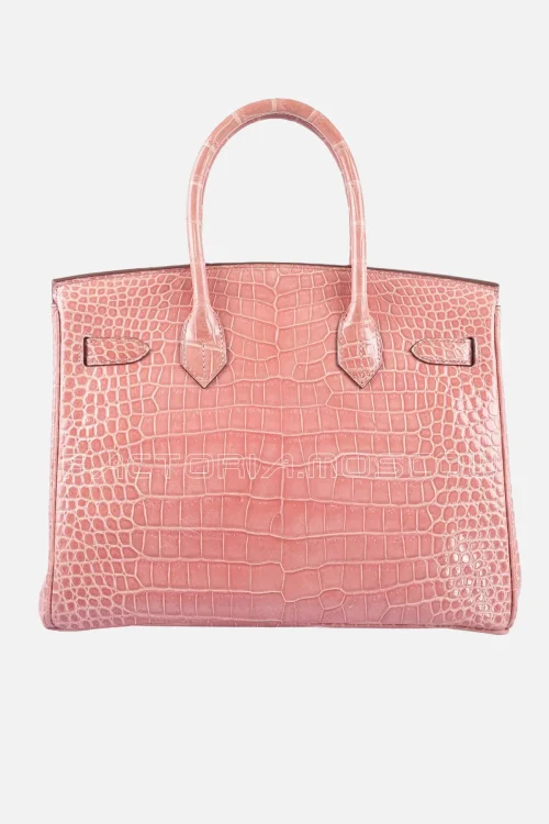 Hermes Birkin 30 Rose Indien Shiny Porosus Crocodile 18K White Gold and Diamond Hardware