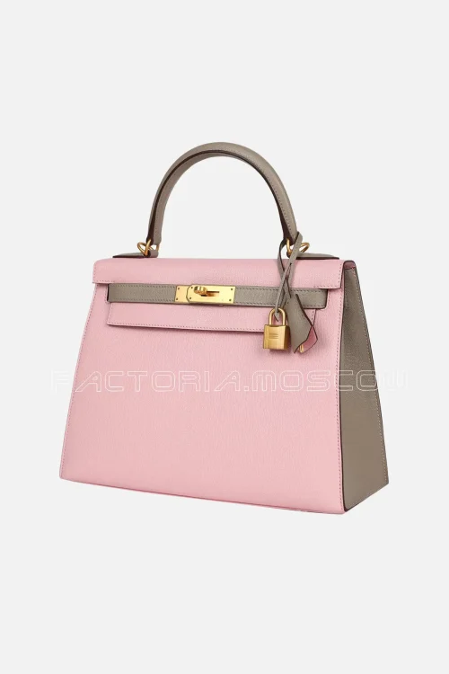 Hermès HSS Kelly Sellier 28 Rose Sakura And Gris Tourterelle Chevre Brushed GHW