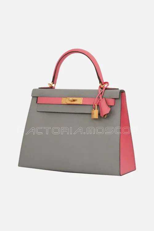 Hermès Special Order (HSS) Kelly Sellier 28 Gris Mouette And Rose Azalee Epsom Brushed GHW