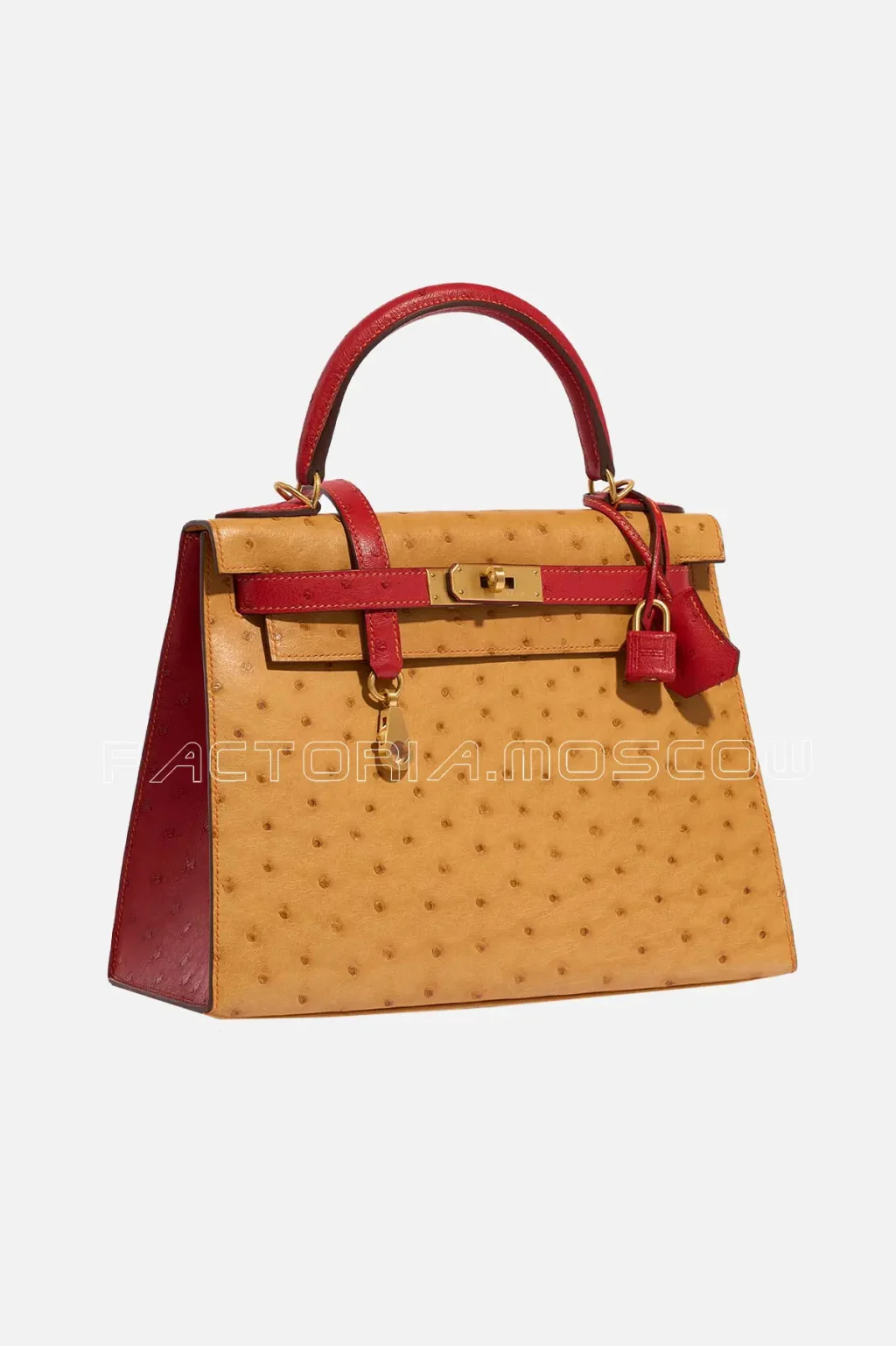 Hermès Kelly Sellier 28 Ostrich Gold / Rouge Vif GHW