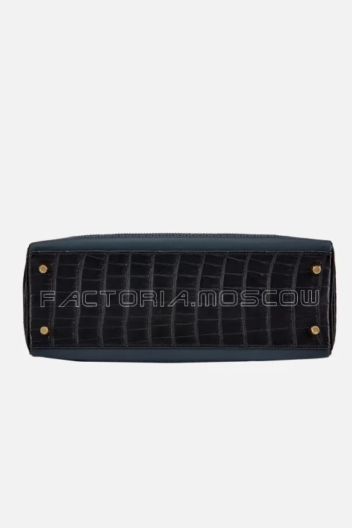 Hermès Limited Edition Kelly Retourne 32 Ghillies Black And Bleu Indigo Matte Alligator, Swift And Sombrero And Rouge H Verso GHW