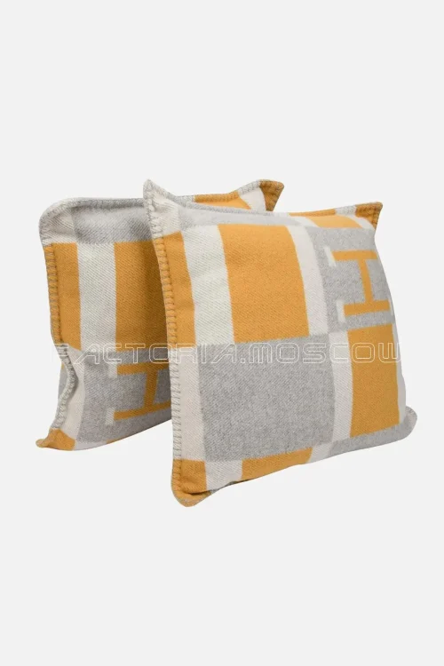 Hermes Cushion Avalon Bayadere PM Throw Pillow Jaune/Gris/Ecru