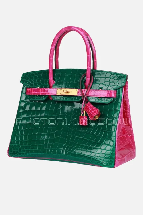 Hermès Special Order (HSS) Birkin 30 Emerald and Rose Scheherazade Shiny Niloticus Crocodile Brushed GHW