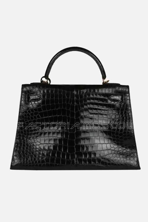 Hermès Kelly Sellier 32 Black Shiny Porosus Crocodile GHW