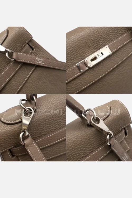 Hermes Kelly Retourne 32 Clemence Colour Etoupe White Contrast Stitching PHW