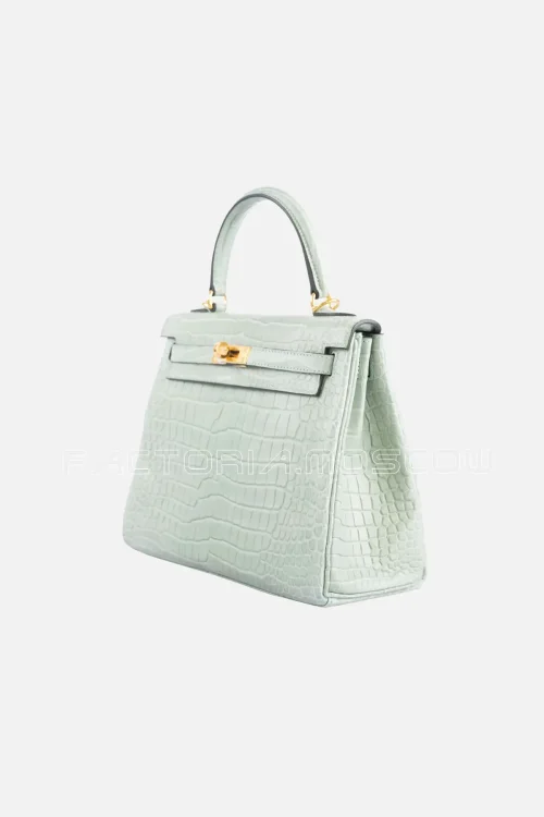Hermes Kelly Retourne 25 Vert D'Eau Matte Porosus Crocodile GHW