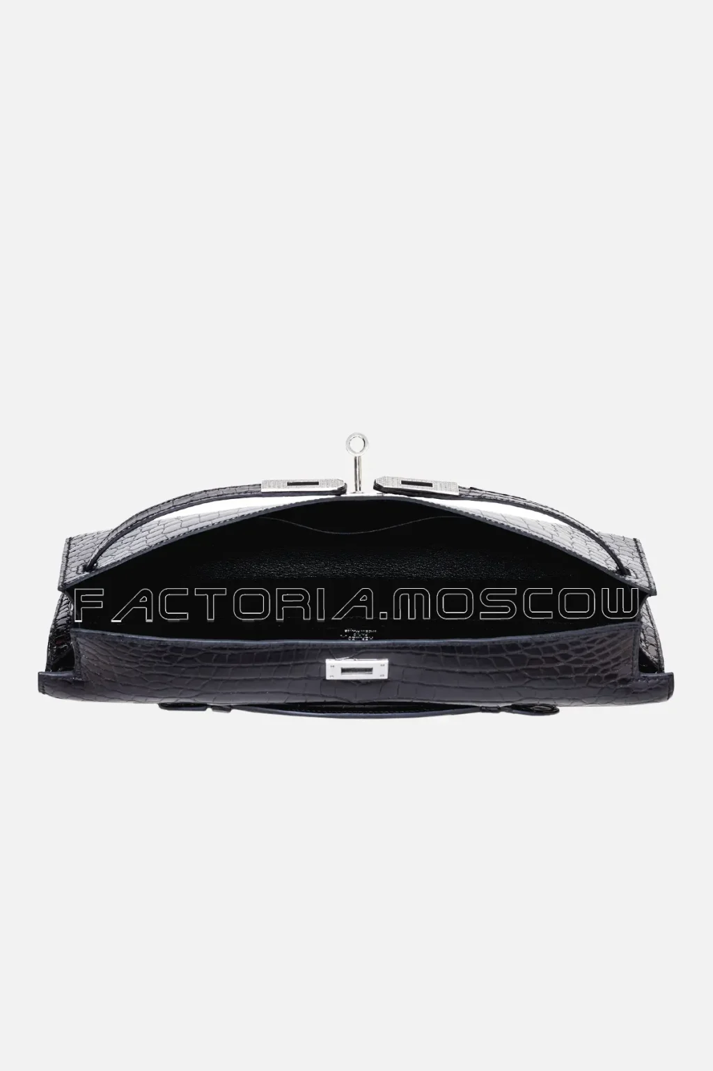 Hermes Kelly Cut Shiny Black Porosus Crocodile 18 K White Diamond Hardware