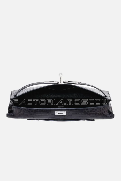 Hermes Kelly Cut Shiny Black Porosus Crocodile 18 K White Diamond Hardware