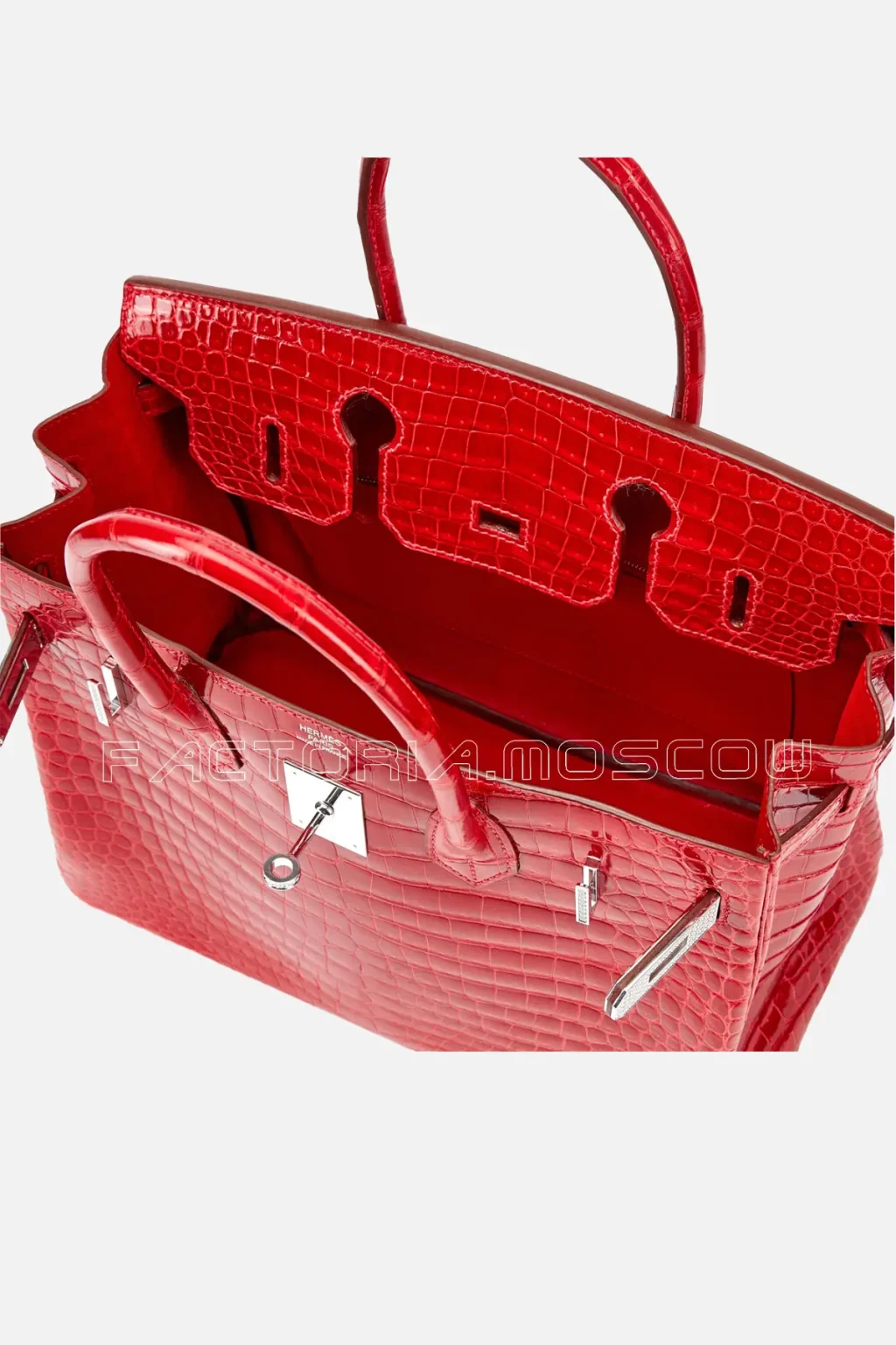 Hermes Rouge Braise Shiny Porosus Crocodile Birkin 30 18K White Gold and Diamond Hardware