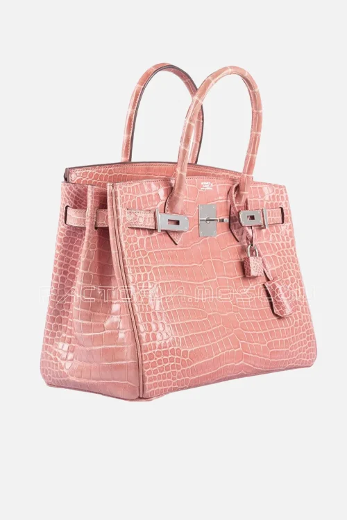 Hermes Birkin 30 Rose Indien Shiny Porosus Crocodile 18K White Gold and Diamond Hardware