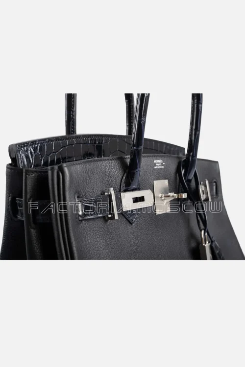 Hermes Touch Birkin 30 Shiny Blue Marine Nilo Crocodile and Black Novillo PHW