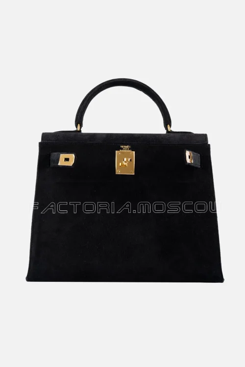 Hermes Kelly Sellier 28 Black Doblis Suede GHW