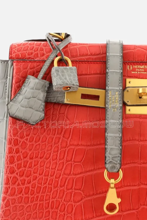 Hermes Kelly Retourne 28 Bicolor Feu/Gris Agate Matte Alligator Leather Brushed GHW