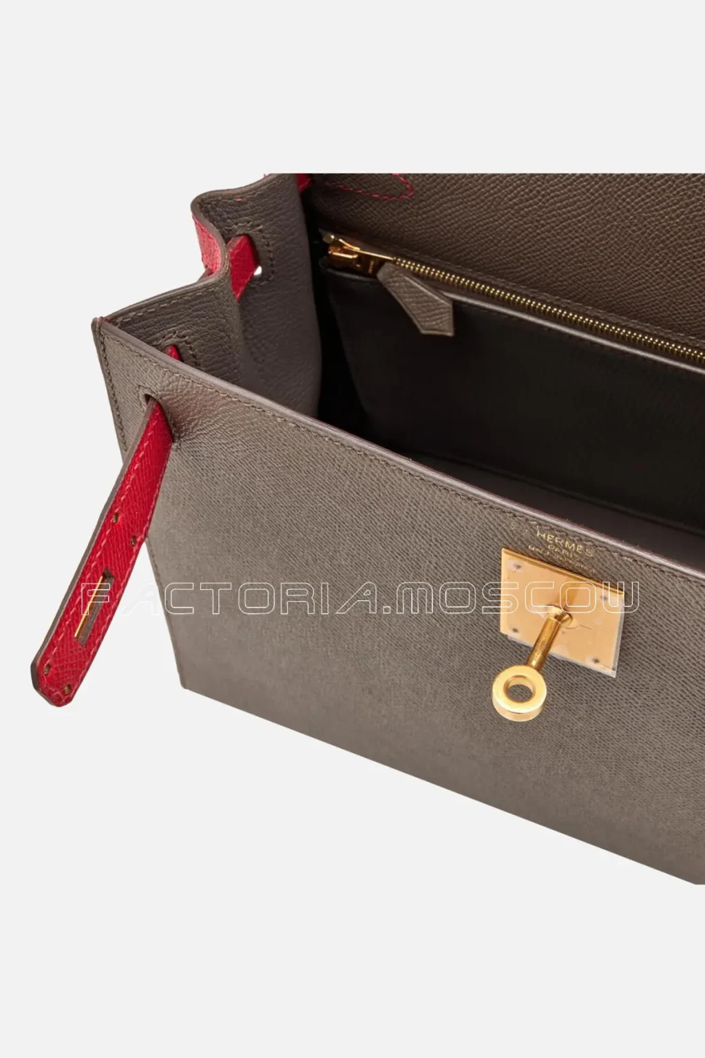 Hermès HSS Kelly Sellier 28 Etoupe And Rouge Casaque Epsom Brushed GHW