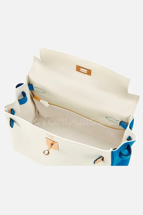 Hermès HSS Kelly Retourne 28 Evercolor White And Bleu Mykonos Permabrass Hardware