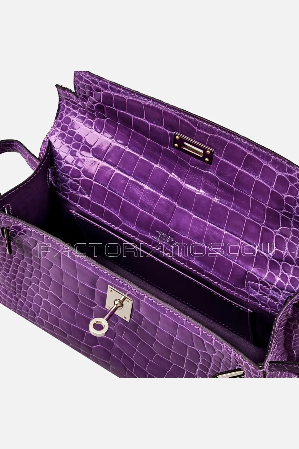 Hermès Kelly Pochette Shiny Alligator Colour Ultra Violet PHW