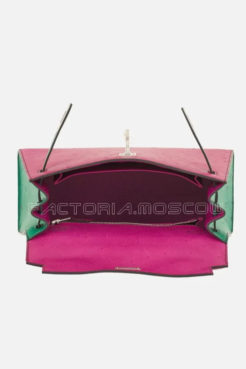 Hermès HSS Kelly Sellier 25 Ostrich Colour Rose Scheherazade And Vert Emeraude Brushed Silver Hardware