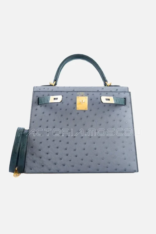 Hermes HSS Kelly Sellier 28 Gris Agate And Vert Titien Ostrich Brushed GHW