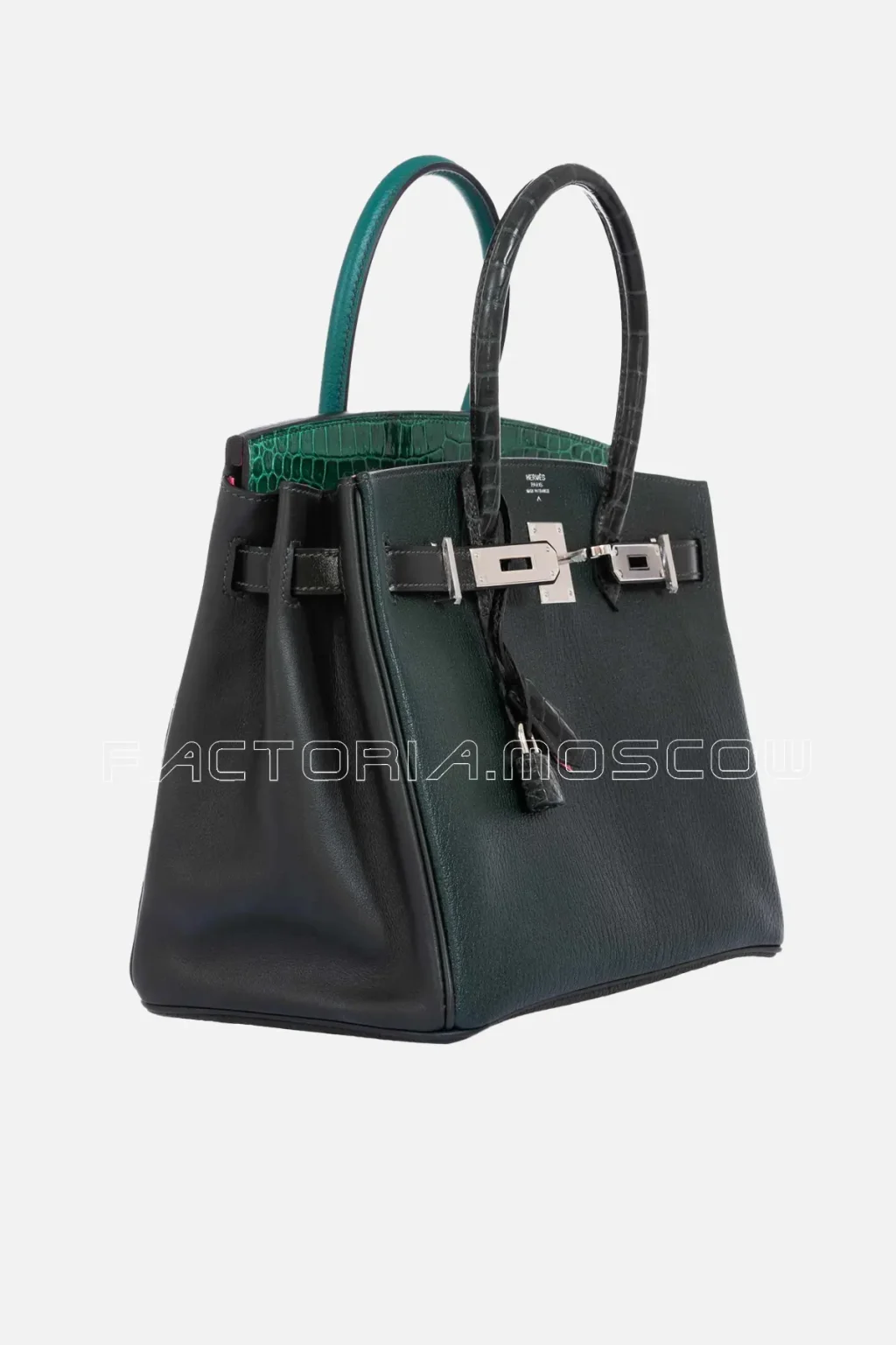Hermes Birkin 30 Vert Emeraude Porosus Crocodile, Vert Titien Multi-Leather & Rose Azalee Patchwork PHW