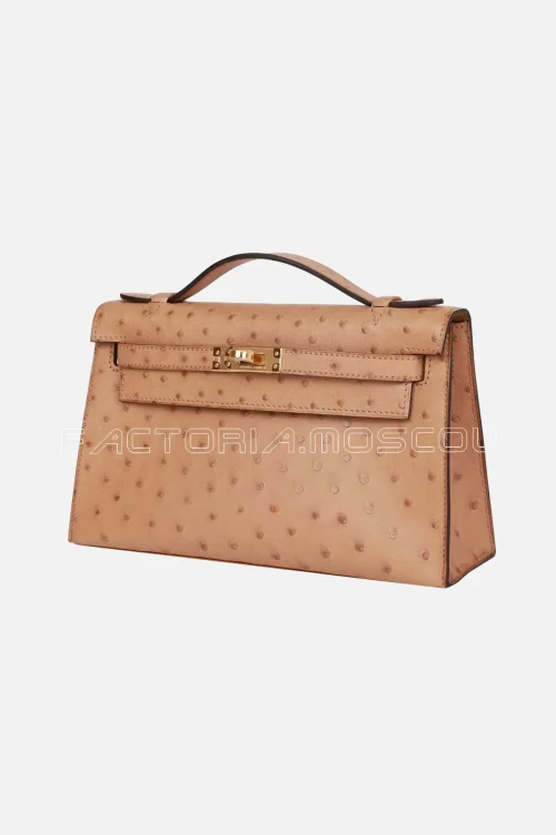 Hermes Kelly Pochette Clutch Ostrich Colour Chai GHW