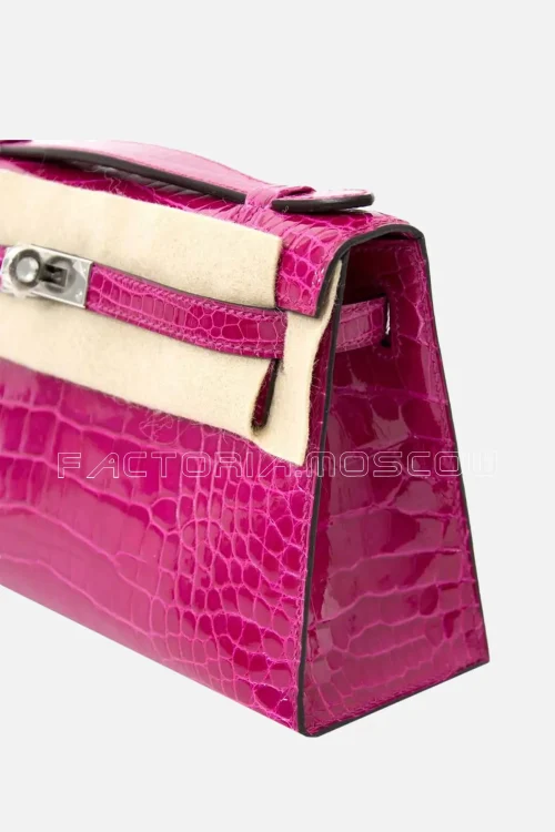 Hermes Kelly Pochette Clutch Crocodile Alligator Lisse Colour Rose Scheherazade PHW