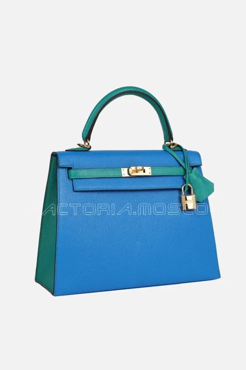 Hermès Special Order (HSS) Kelly Sellier 25 Bleu Hydra and Bleu Paon Chevre Mysore GHW