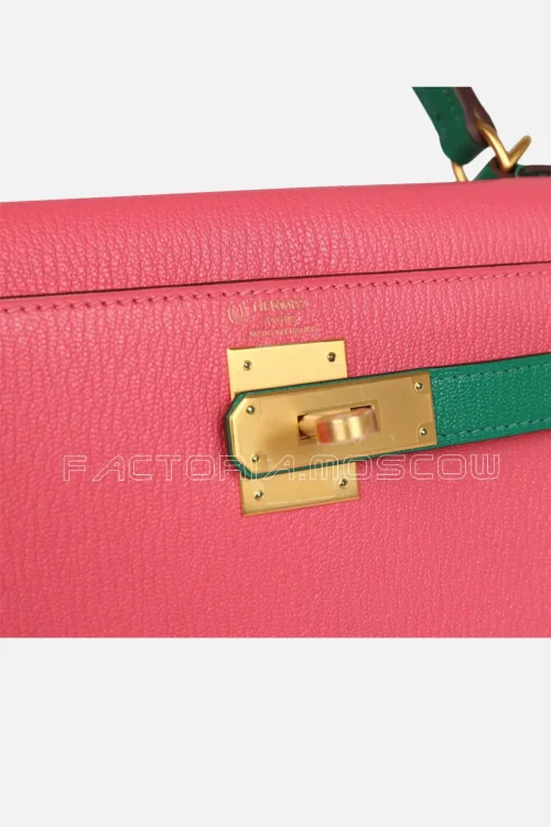 Hermès Special Order (HSS) Kelly Sellier 28 Rose Lipstick And Vert Vertigo Chevre Brushed GHW