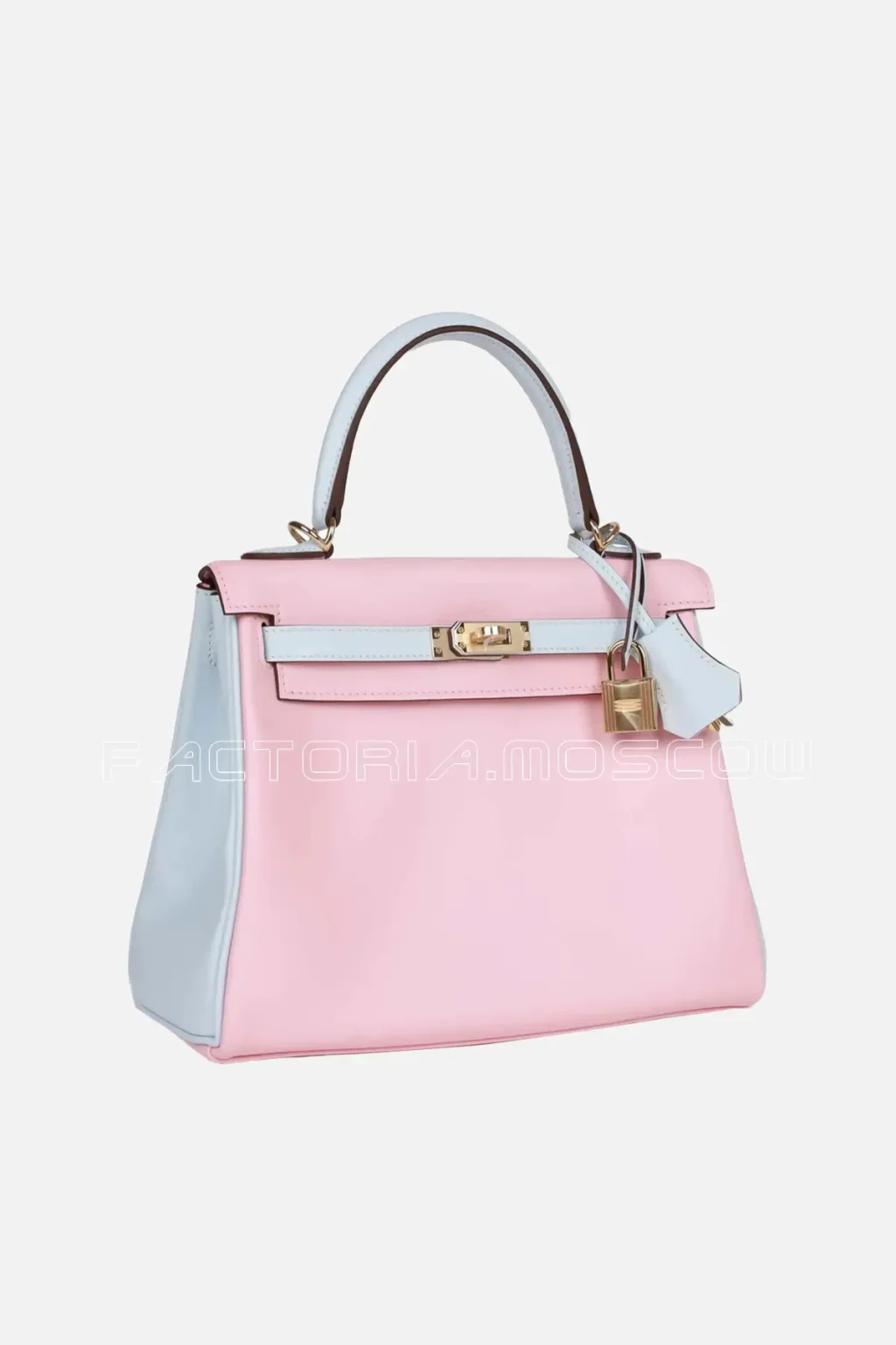 Hermès Special Order (HSS) Kelly Retourne 25 Rose Sakura and Bleu Brume Swift Permabrass Hardware