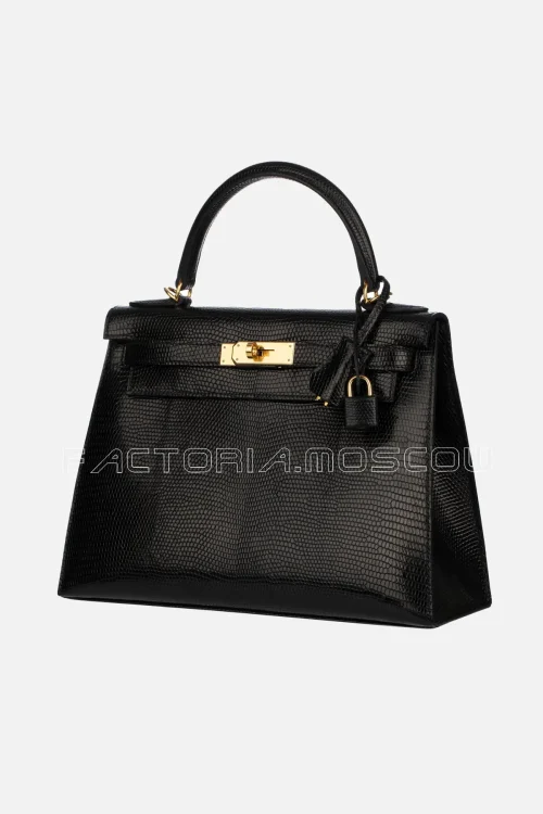 Hermes Kelly Sellier 28 Black Lizard Leather GHW