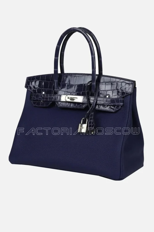 Hermès Birkin 30 Bleu Encre Togo and Shiny Niloticus Crocodile Touch PHW