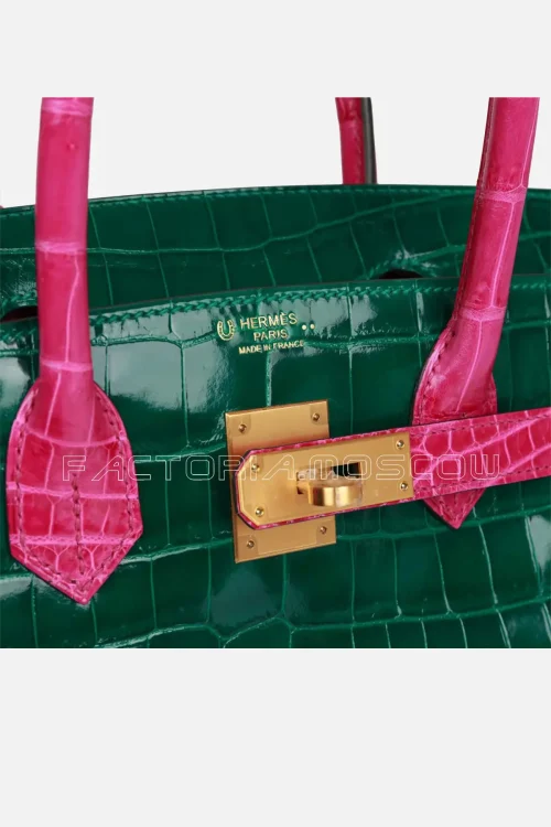 Hermès Special Order (HSS) Birkin 30 Emerald and Rose Scheherazade Shiny Niloticus Crocodile Brushed GHW