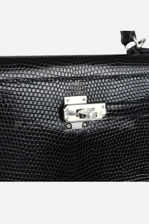 Hermès Kelly Sellier 25 Black Shiny Lizard PHW