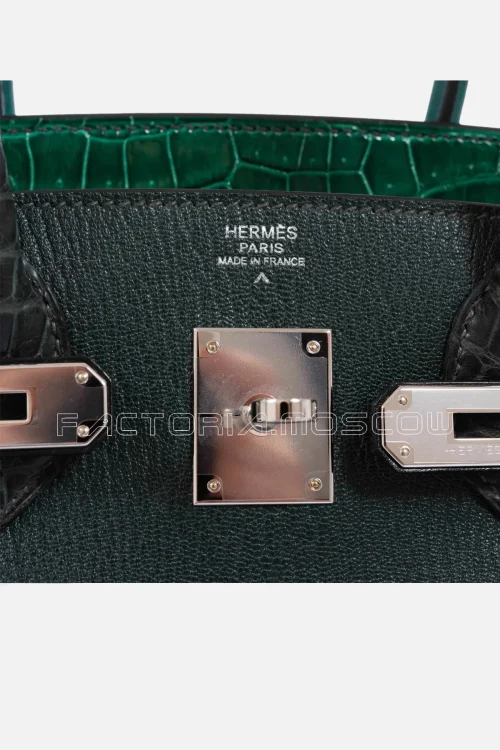 Hermes Birkin 30 Vert Emeraude Porosus Crocodile, Vert Titien Multi-Leather & Rose Azalee Patchwork PHW