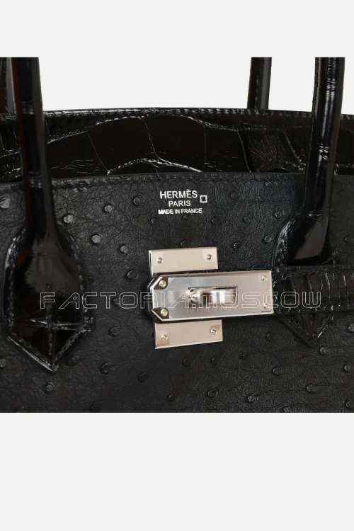 Hermès Birkin 30 Black Shiny Alligator and Ostrich Touch PHW