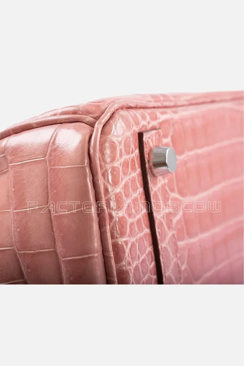 Hermes Birkin 30 Rose Indien Shiny Porosus Crocodile 18K White Gold and Diamond Hardware