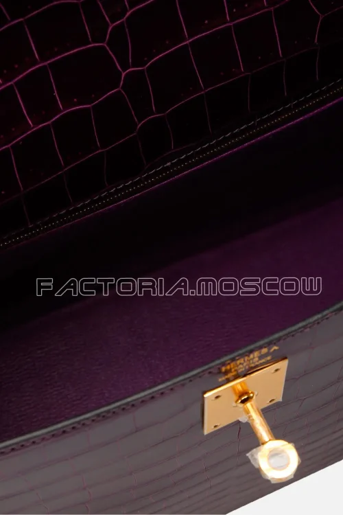 Hermes Kelly Sellier 32 Shiny Porosus Crocodile Cassis GHW