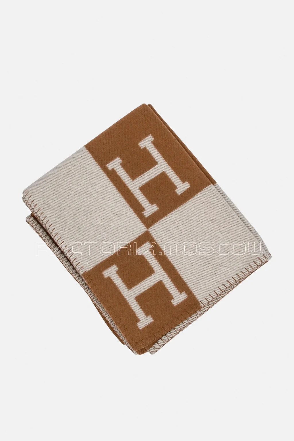 Hermes Avalon III Signature H Camel and Ecru Throw