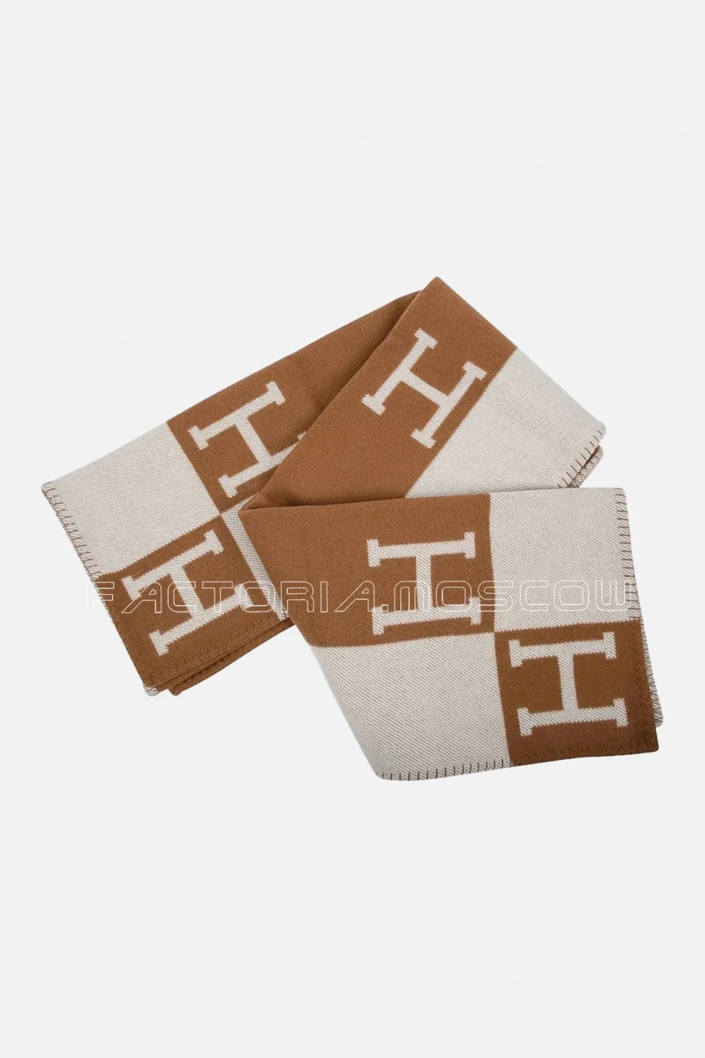 Hermes Avalon III Signature H Camel and Ecru Throw