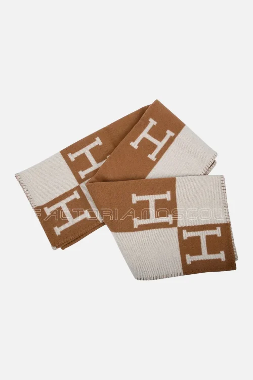 Hermes Avalon III Signature H Camel and Ecru Throw