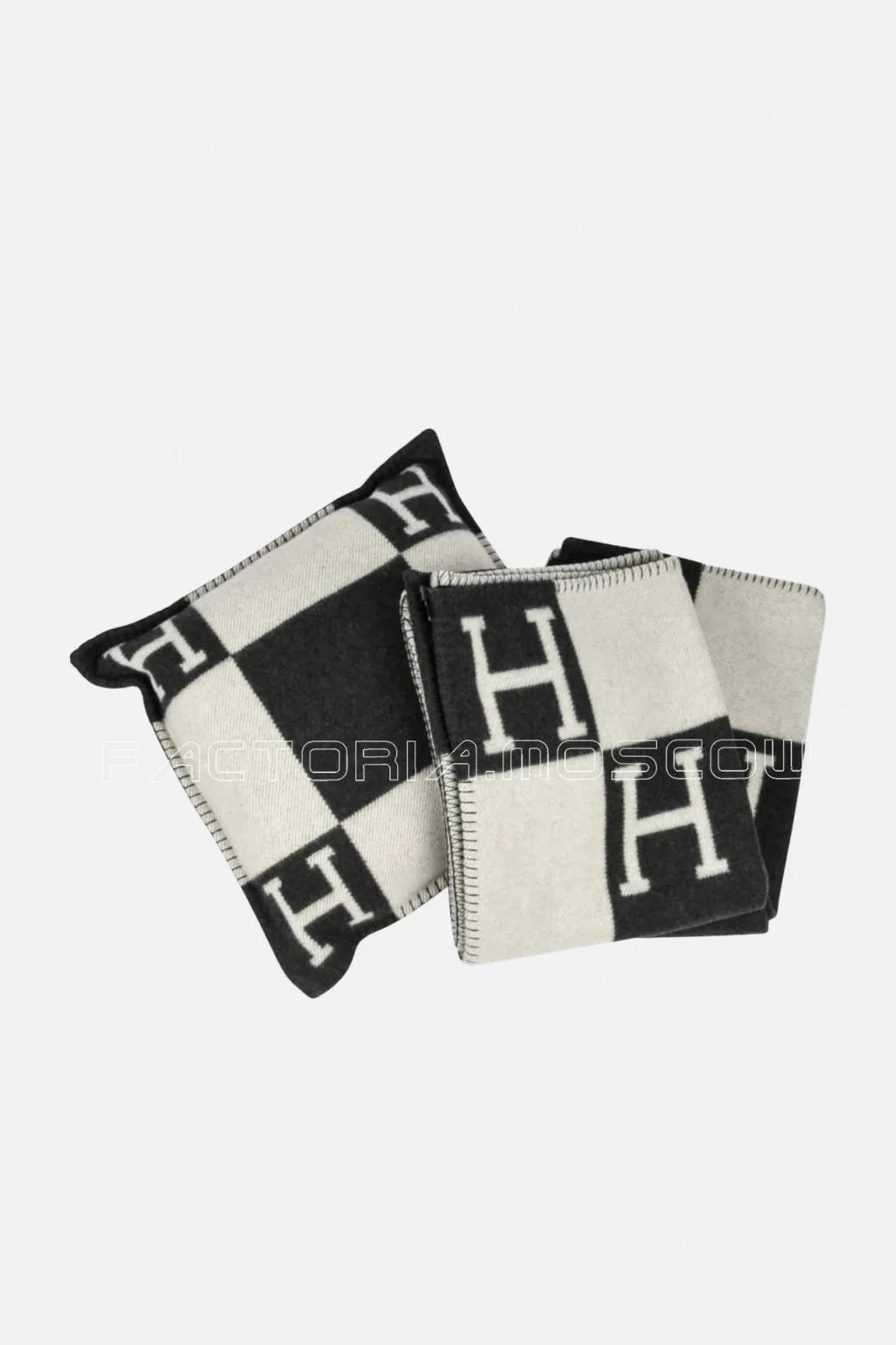 Hermes Blanket Avalon I Signature H Ecru and Gris Fonce Throw Blanket